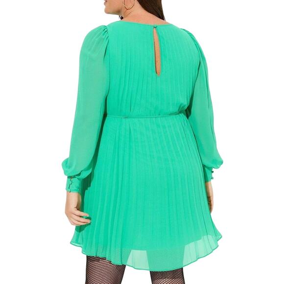 Torrid NWT Kelly Green Chiffon Accordion Pleated Long Sleeve A-line Mini Dress - Picture 2 of 16